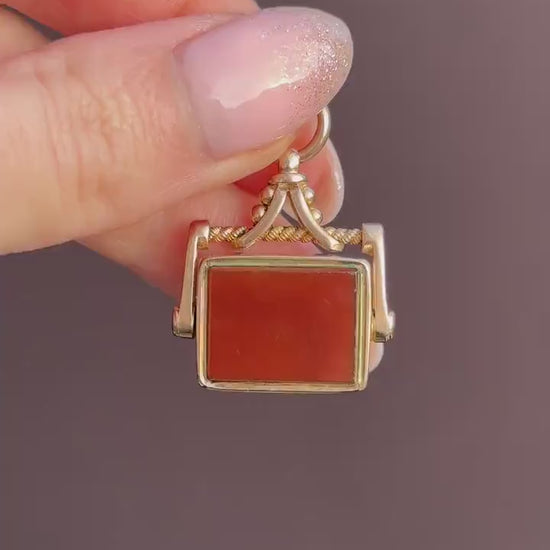 Antique Bloodstone and Carnelian 9ct Gold Spinning Swivel Fob Pendant | Dated 1917