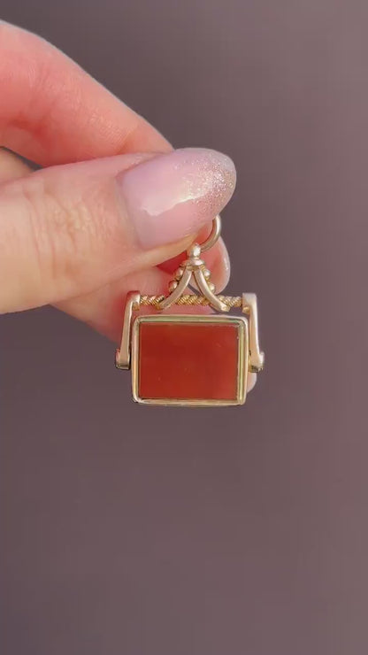 Antique Bloodstone and Carnelian 9ct Gold Spinning Swivel Fob Pendant | Dated 1917