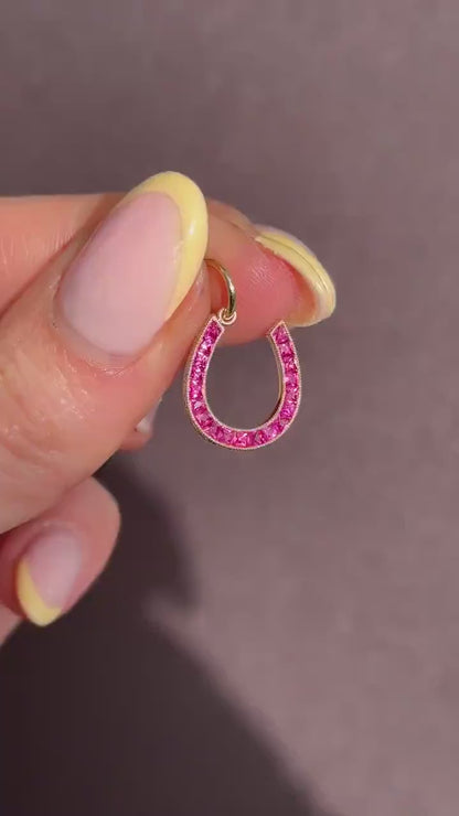 French Cut Ruby Horseshoe 18ct Yellow Gold Charm Pendant - 0.55ct