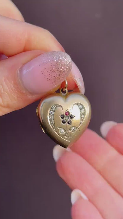 Antique 9ct Gold Floral Paste Heart Locket Pendant