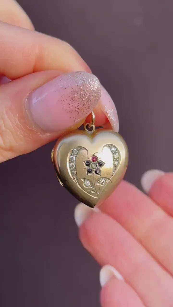 Antique 9ct Gold Floral Paste Heart Locket Pendant