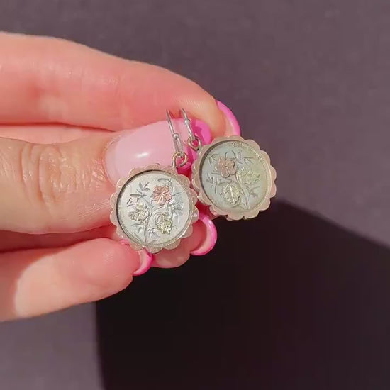 Antique Victorian Silver Gold Floral Aesthetic Drop Dangle Earrings