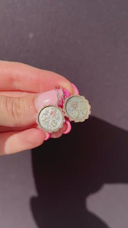 Antique Victorian Silver Gold Floral Aesthetic Drop Dangle Earrings