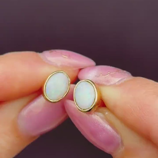 Vintage Natural Opal Oval Yellow Gold Stud Earrings