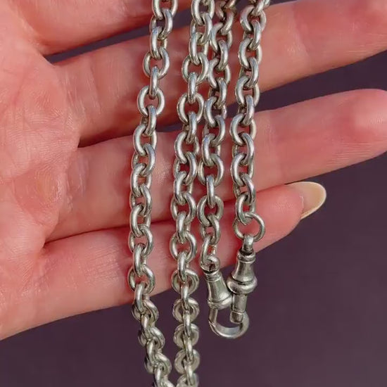 Vintage Sterling Silver Oval Cable Link Watch Chain Necklace with T-Bar and Dog Clips – 17"