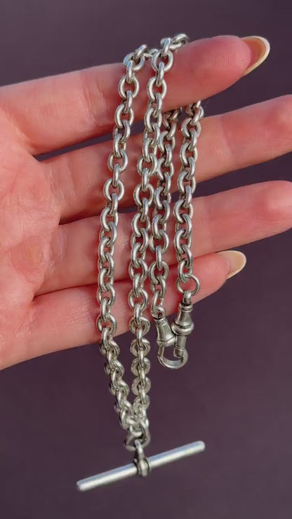 Vintage Sterling Silver Oval Cable Link Watch Chain Necklace with T-Bar and Dog Clips – 17"