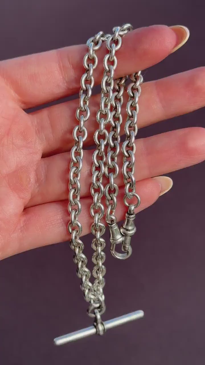 Vintage Sterling Silver Oval Cable Link Watch Chain Necklace with T-Bar and Dog Clips – 17"