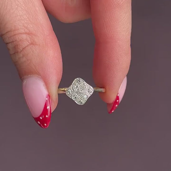 Art Deco Diamond Square Cluster 18ct Yellow Gold and Platinum Ring