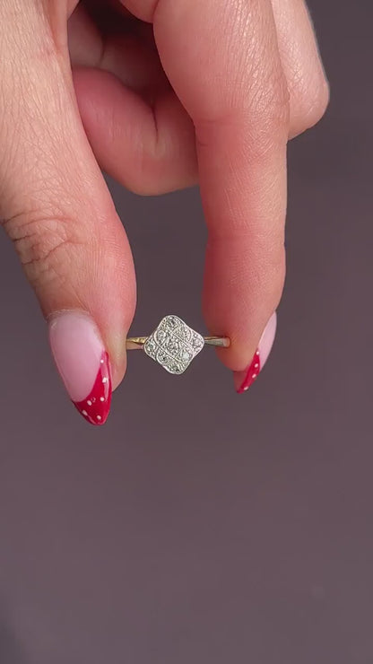 Art Deco Diamond Square Cluster 18ct Yellow Gold and Platinum Ring
