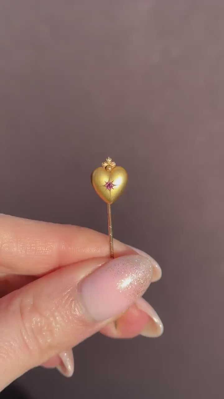 Antique Ruby Heart 9ct Gold Stick Pin
