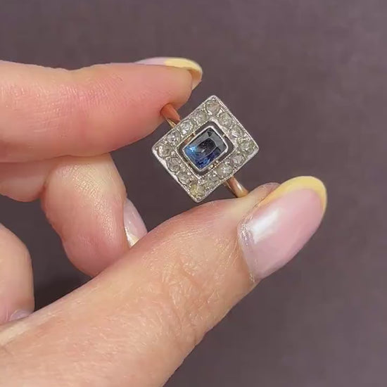 Art Deco Blue Sapphire and Rose Cut Diamond Panel Rectangle Halo 18ct Gold Ring