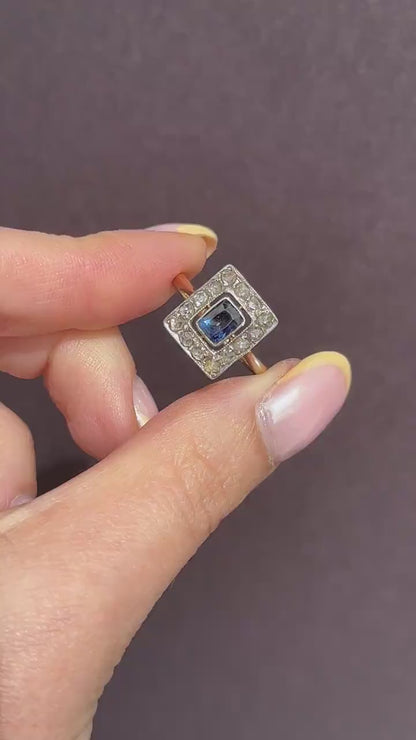 Art Deco Blue Sapphire and Rose Cut Diamond Panel Rectangle Halo 18ct Gold Ring