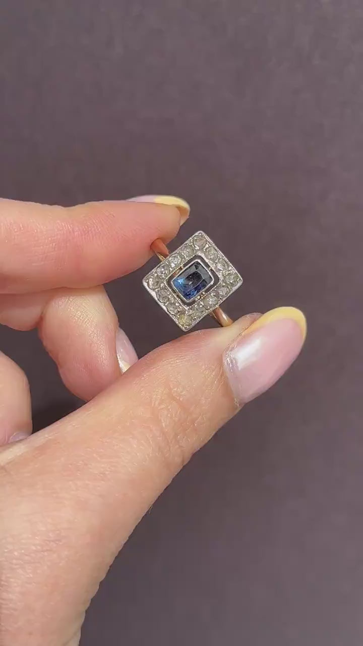 Art Deco Blue Sapphire and Rose Cut Diamond Panel Rectangle Halo 18ct Gold Ring