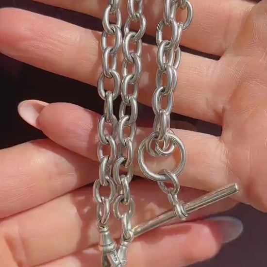 Vintage Sterling Silver Cable Link Watch Chain Necklace with T-Bar and Dog Clips – 16"