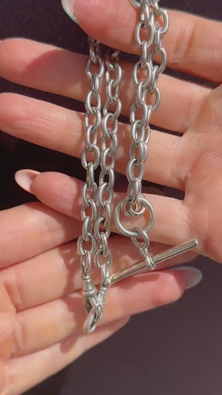 Vintage Sterling Silver Cable Link Watch Chain Necklace with T-Bar and Dog Clips – 16"