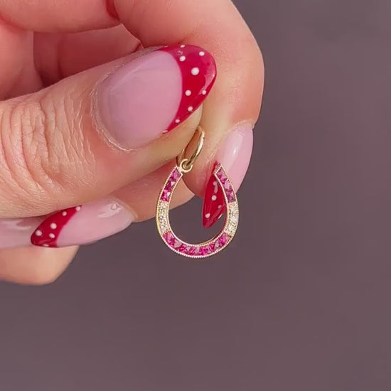 French Cut Ruby and Diamond Horseshoe 18ct Gold Charm Pendant
