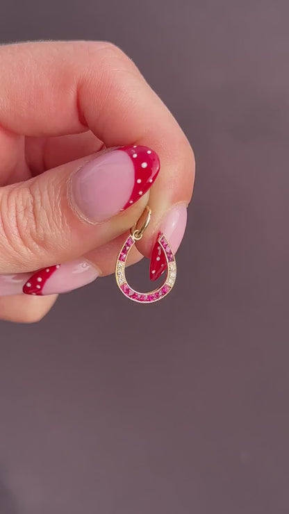 French Cut Ruby and Diamond Horseshoe 18ct Gold Charm Pendant