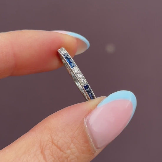 Art Deco Style Diamond and Blue Sapphire Platinum Eternity Wedding Band Ring