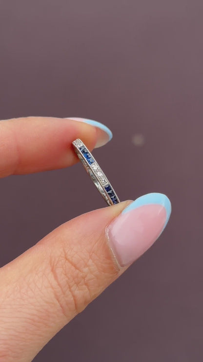 Art Deco Style Diamond and Blue Sapphire Platinum Eternity Wedding Band Ring