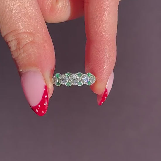 Old Cut Diamond and Emerald Five Stone Platinum Ring - 0.81ct total