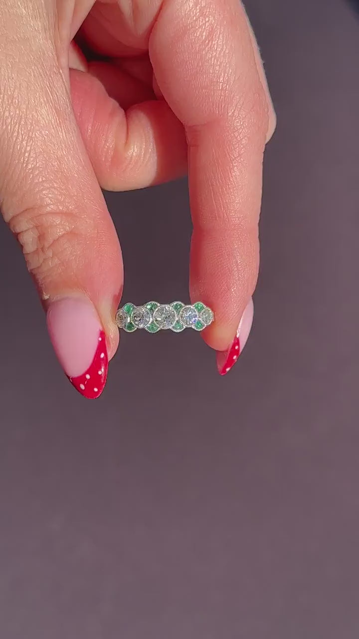 Old Cut Diamond and Emerald Five Stone Platinum Ring - 0.81ct total