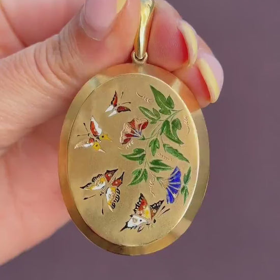Antique '1879' Victorian Gold on Silver Oval Enamel Butterfly Locket Pendant