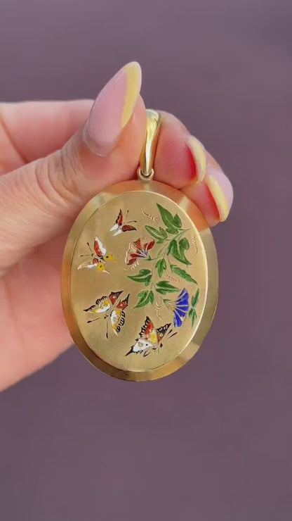 Antique '1879' Victorian Gold on Silver Oval Enamel Butterfly Locket Pendant