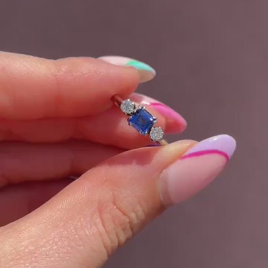 Art Deco Blue Sapphire and Diamond 18ct White Gold and Platinum Ring