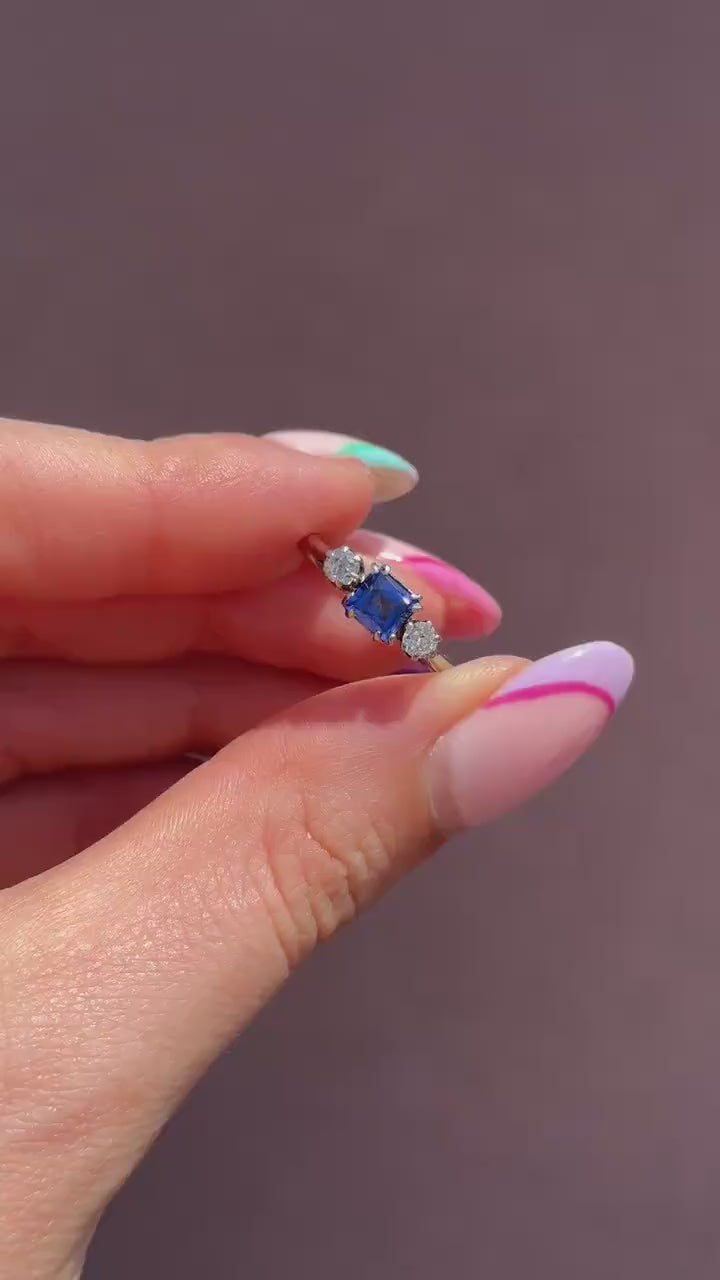 Art Deco Blue Sapphire and Diamond 18ct White Gold and Platinum Ring