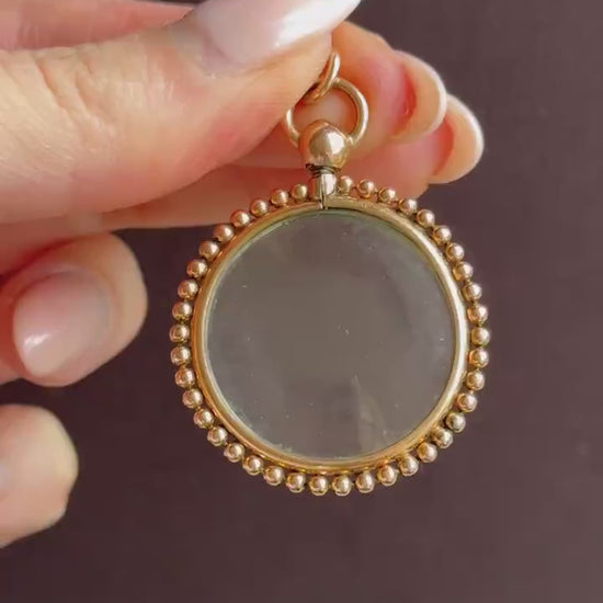 Antique Gold Round Beaded Glass Locket Pendant