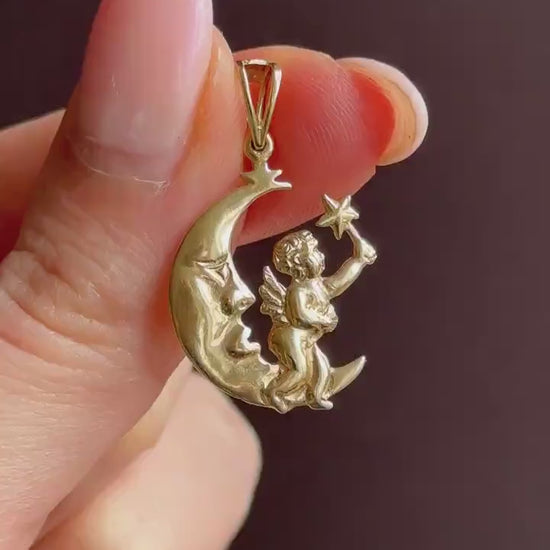 Vintage 9ct Gold Man in the Moon Cherub Charm Pendant