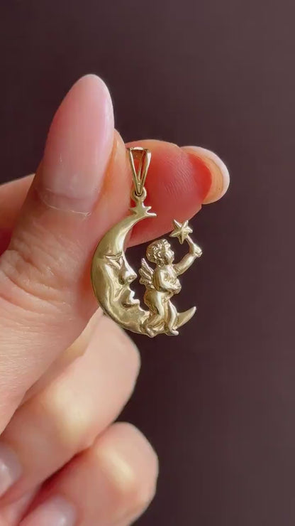 Vintage 9ct Gold Man in the Moon Cherub Charm Pendant