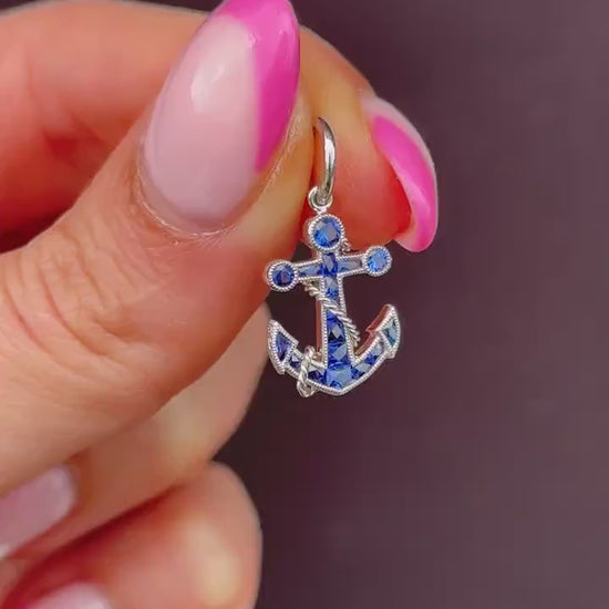 0.50ct Blue Sapphire Anchor Rope Nautical Platinum Charm Pendant