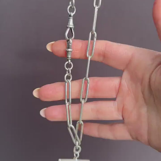 Antique Sterling Silver Paperlink Trombone Watch Chain with Dog Clips and T Bar | 16.5"