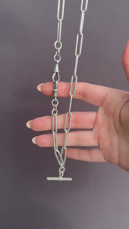 Antique Sterling Silver Paperlink Trombone Watch Chain with Dog Clips and T Bar | 16.5"