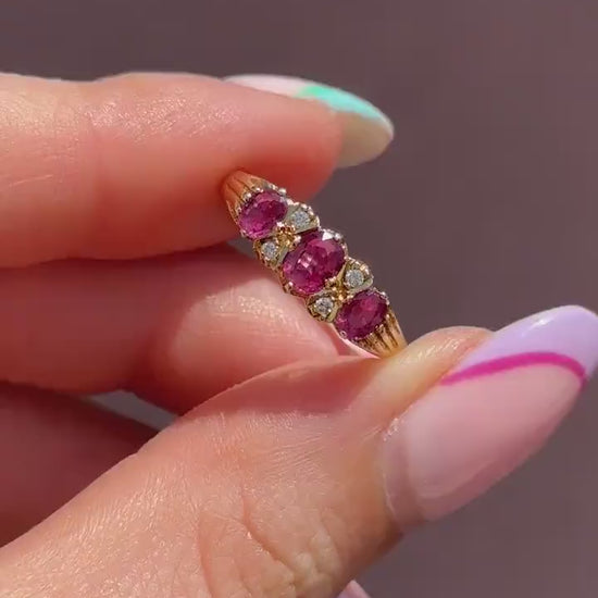 Vintage Ruby and Diamond Three-Stone 18ct Yellow Gold Scroll Ring