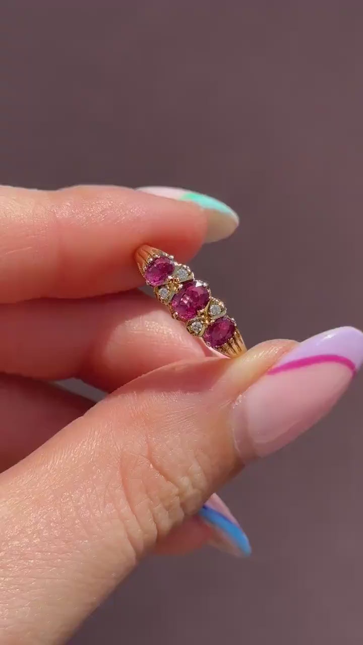 Vintage Ruby and Diamond Three-Stone 18ct Yellow Gold Scroll Ring