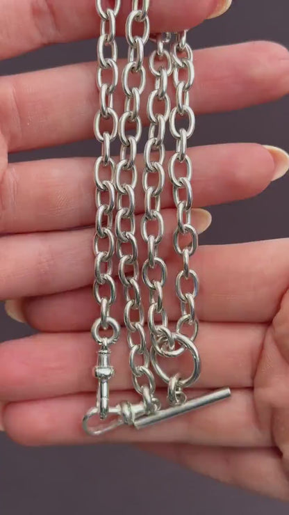 Vintage Sterling Silver Oval Cable Link Watch Chain Necklace with T-Bar and Dog Clips – 18"