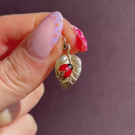 Vintage Ladybird Enamel 9ct Gold Leaf Charm Pendant