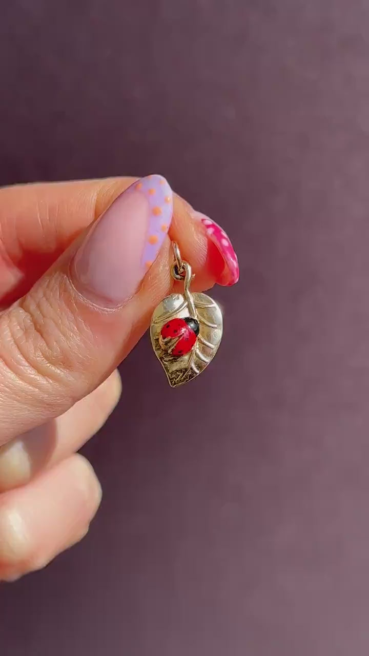 Vintage Ladybird Enamel 9ct Gold Leaf Charm Pendant