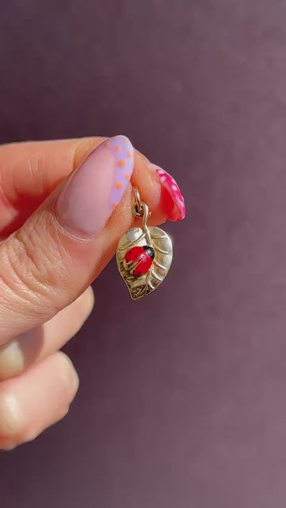 Vintage Ladybird Enamel 9ct Gold Leaf Charm Pendant