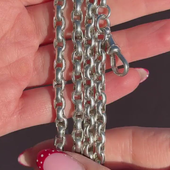 Antique 89g Silver Long Guard Chain Necklace with Dog Clip | 60" Length