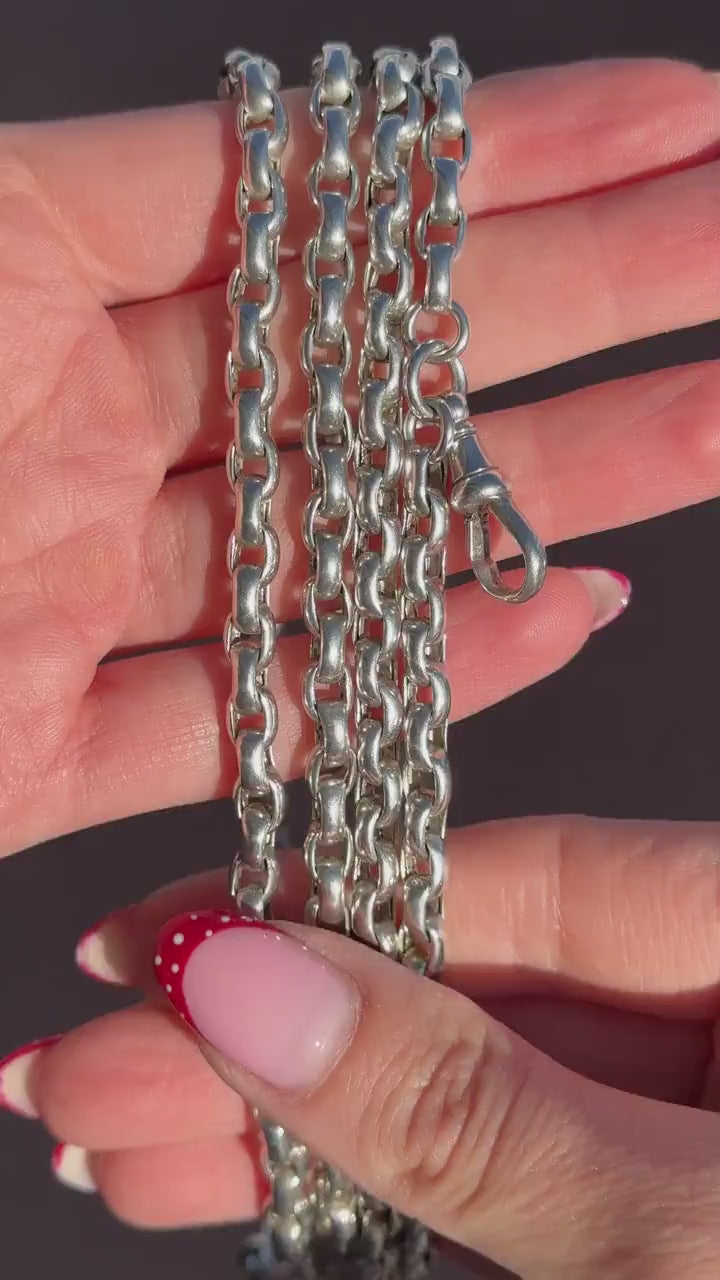 Antique 89g Silver Long Guard Chain Necklace with Dog Clip | 60" Length