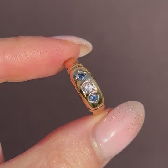 Antique Victorian Sapphire and Diamond Gypsy 18ct Yellow Gold Ring - Dated 1883