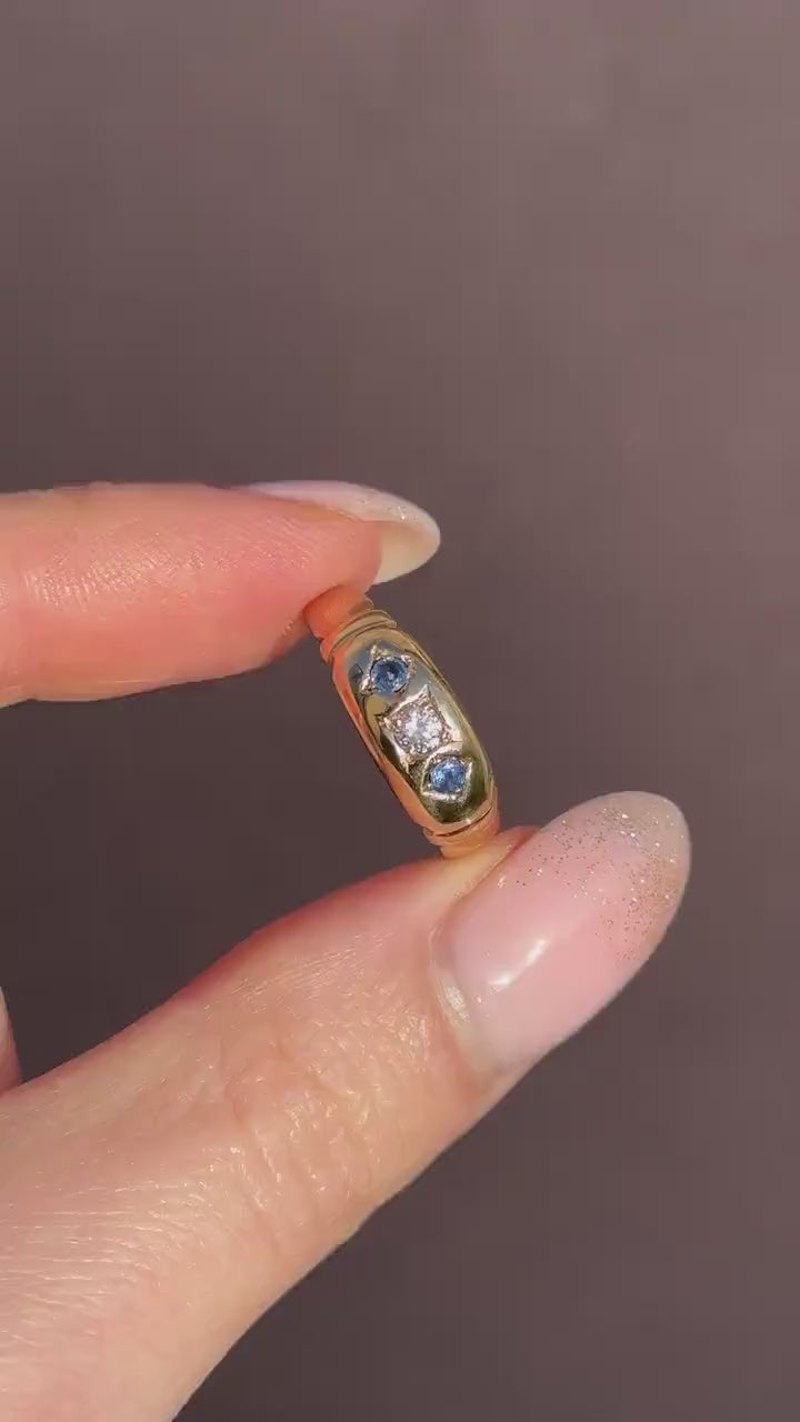 Antique Victorian Sapphire and Diamond Gypsy 18ct Yellow Gold Ring - Dated 1883