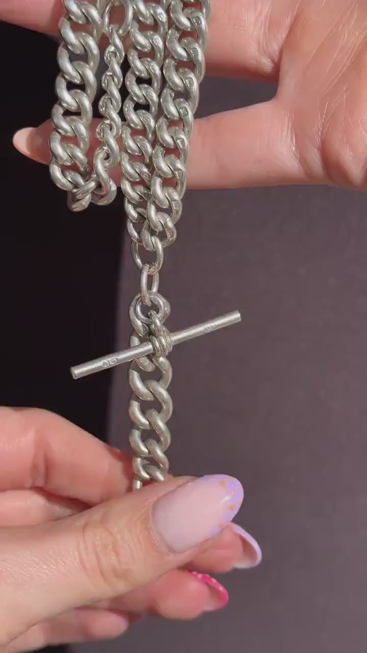 Antique 100g Sterling Silver Curb Link Albert Watch Chain Necklace | 17"