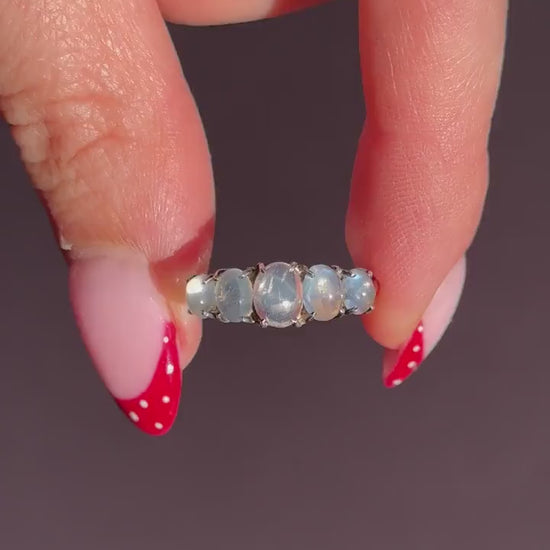 Vintage Moonstone Cabochon Five Stone Sterling Silver Ring