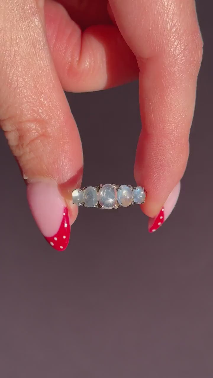 Vintage Moonstone Cabochon Five Stone Sterling Silver Ring