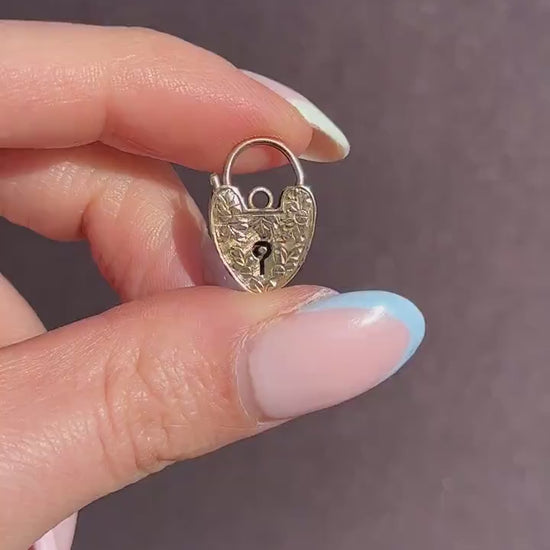 Antique 9ct Gold Engraved Opening Heart Padlock Charm Pendant