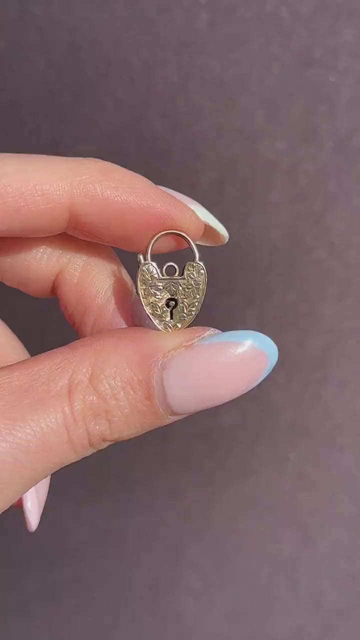 Antique 9ct Gold Engraved Opening Heart Padlock Charm Pendant